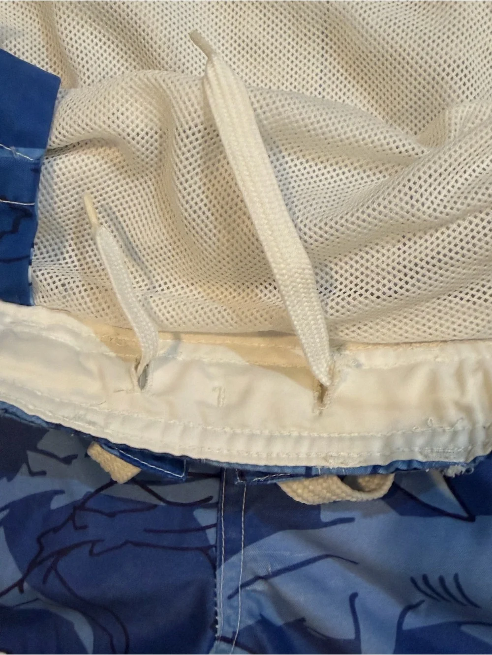 Vintage Wild Planet Men's Blue Shark-Print Swim Trunks with White Side Panels